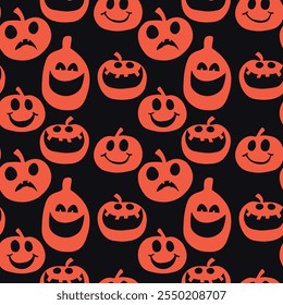 Seamless pattern of glowing halloween pumpkins on color background. Scary and funny faces. Cute Pumpkin or ghost. Vector autumn holidays illustration.