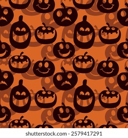 Seamless pattern of glowing halloween pumpkins on color background. Scary and funny faces. Cute Pumpkin or ghost. Vector autumn holidays illustration.