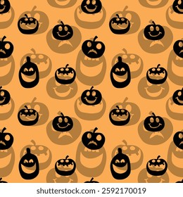 Seamless pattern of glowing halloween pumpkins on color background. Scary and funny faces. Cute Pumpkin or ghost. Vector autumn holidays illustration.