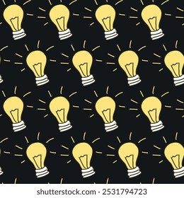 Seamless Pattern of Glowing Light Bulbs on Black Background. Concept of Innovation, Bright Ideas, Creativity, Electrical Design. Art, Decoration, graphic design, inspiration symbol. Background