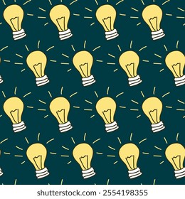 Seamless Pattern of Glowing Light Bulbs on Dark Green Background. Concept of Innovation, Bright Ideas, Creativity, Electrical Design. Art, Decoration, graphic design, inspiration symbol. Background.
