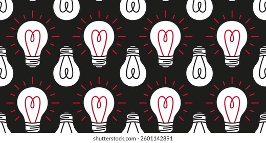 Seamless pattern with glowing light bulbs against a dark background. Simple design hand drawn style playful and modern look. Perfect for wallpapers, textiles, gift wraps, or digital backgrounds