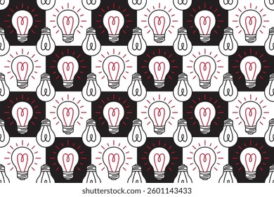 Seamless pattern with glowing light bulbs against a chess background. Simple design hand drawn style playful and modern look. Perfect for wallpapers, textiles, gift wraps, or digital backgrounds.