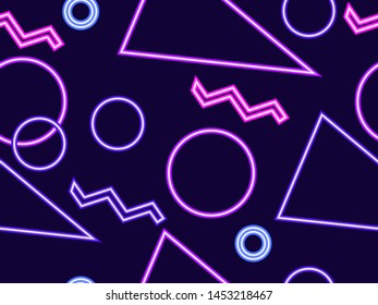 Seamless pattern with glowing neon geometric shapes in the memphis style of the 80s. Retrowave. Vector illustration