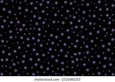 Seamless Pattern of Glowing Purple Stars on Dark Black Background for Night Sky.
