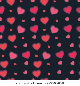 Seamless pattern of glowing red and pink hearts on black background for romantic Valentine's Day design