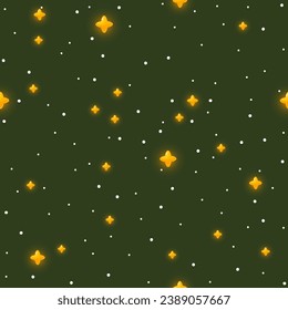 Seamless pattern of glowing stars, yellow confetti, and snowflakes on a dark green background. Magic sparkling stars. Design for wrapping paper, holiday packaging, New Year's textiles. Happy New Year