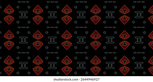 Seamless pattern with glowing zodiac Gemini signs, stars, and UFO warning symbols on a black background. Ideal for futuristic, cosmic, and sci-fi designs.
