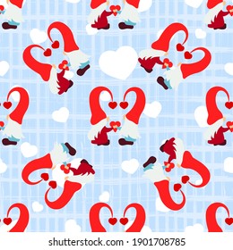 Seamless pattern with gnome couple, heart, texture square stripeson blue. Love background. Valentines day holiday concept. For scrapbooking, wallpaper, paper for gift, print fabric Vector backdrop