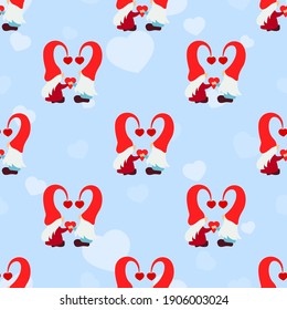 Seamless pattern with gnome couple, heart, texture square stripes on blue. Love background. Valentines day holiday concept. For scrapbooking, wallpaper, paper for gift, print fabric Vector backdrop