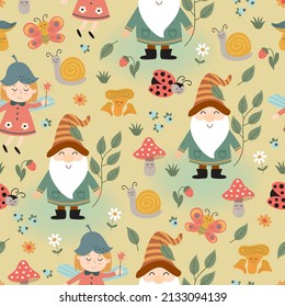 seamless pattern with  gnome, fairy, mushrooms, insect