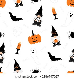 Nahtloses Muster Gnome Halloween mit Kürbisspinnen und Vektorgrafik