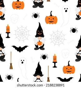 Seamless pattern Gnome Halloween with pumpkin spider bat vector illustration