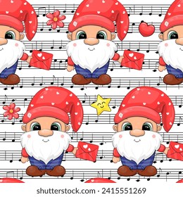 Seamless pattern with a gnome holding a love letter. Vector illustration with a dwarf, hearts, flowers, stars and musical notes on a white background.