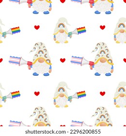 Patrón sin foco con gnomo sosteniendo un megáfono con la bandera LGBT. Mes del orgullo.