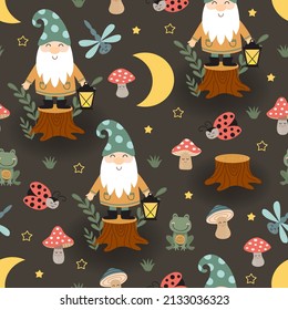 seamless pattern with  gnome, insect, frog and mushrooms