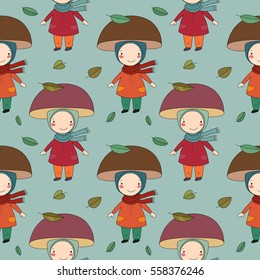Seamless pattern with gnome mushroom. Cheerful  fungus. Beautiful autumn. Vector illustration.