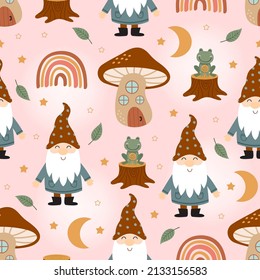 seamless pattern with  gnome, mushroom house, rainbow, frog