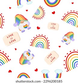 Seamless pattern with gnome, rainbow, hearts and plate with the inscription love is love. LGBT background.