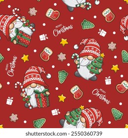 Seamless Pattern Gnome Santa Claus On Red Background. Cute Cartoon Illustration.