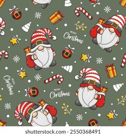 Seamless Pattern Gnome Santa Claus On Green Background. Cute Cartoon Illustration