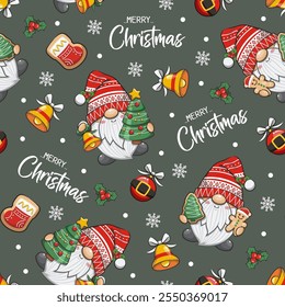Patrón Sin Costuras Gnomo Papá Noel Sobre Fondo Verde Oscuro. Ilustración linda de la historieta