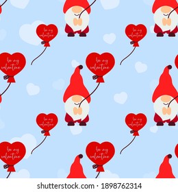 Seamless pattern with gnomes, balloon, heart. Valentines day background. Love concept. For wallpaper, gift box, scrapbooking, clothes fabric textile Vector cute backdrop