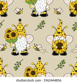 Seamless pattern with gnomes, bees and sunflowers. Cute baby print. Seamless pattern with gnomes.