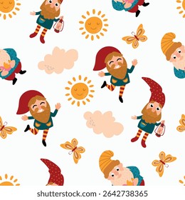 Seamless pattern with gnomes butterflies, clouds and suns. Design for fabric, textile, wallpaper, packaging
