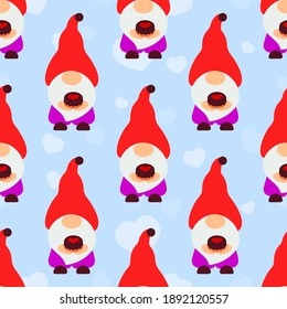 Seamless pattern with gnomes, cake, heart. Valentines day background. Love concept. For wallpaper, gift box, scrapbooking, clothes fabric textile Vector cute backdrop