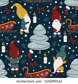 seamless pattern with gnomes and christmas night - vector illustration, eps