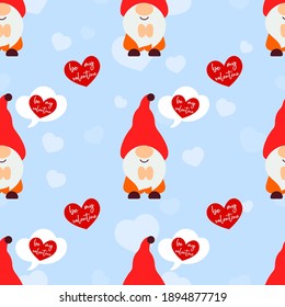 Seamless pattern with gnomes, cloud, heart. Valentines day background. Love concept. For wallpaper, gift box, scrapbooking, clothes fabric textile Vector cute backdrop