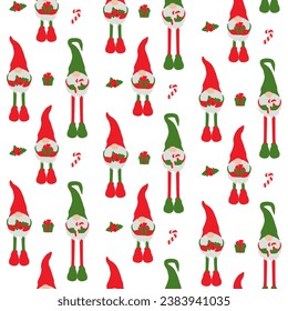 Patrón sin foco con gnomos. Patrón de Navidad plano con gnomos.