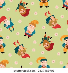 Seamless pattern with gnomes, flowers. Design for fabric, textile, wallpaper, packaging