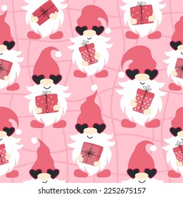 Patrón sin foco con gnomos, regalos y corazones. Diseño del día de San Valentín. Ilustración vectorial aislada en el fondo rosado.