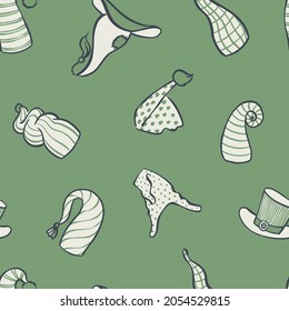Seamless pattern with gnomes hats. A set of dwarf hats. Vector illustration. A hand-drawn drawing.