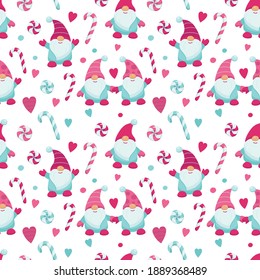 
Seamless pattern with gnomes and hearts.