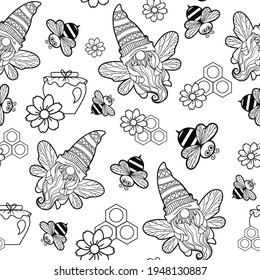 seamless pattern of gnomes with honey and bees, black on a white background, honey jar, gnomes with a daisy, gnome-bee, gnome cartoon characters, illustration for printing on textiles and packaging