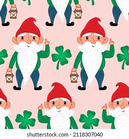 Seamless pattern with gnomes and lucky clover leaves. Vector cartoon dwarf repeating background, hand drawn in cartoon style on a pink background. St Patrick day.