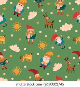 Seamless Pattern with Gnomes and Reindeer. Design for fabric, textile, wallpaper, packaging
