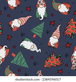 Seamless pattern with gnomes and stars. Cute background for textile, fabric, stationery, kids, pajamas and other design.