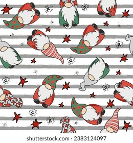 Seamless pattern with gnomes and stars on stripes. Cute background for textile, fabric, stationery, kids, pajamas and other design.