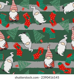 Seamless pattern with gnomes and stars on stripes. Cute background for textile, fabric, stationery, kids, pajamas and other design.