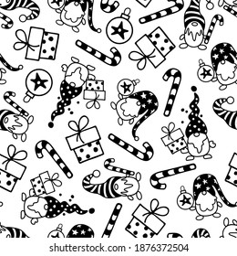 Seamless pattern with Gnomes, Sugar cane, gift box, christmas ornament. Design for Merry Christmas and Happy New Year DIY, wrapping, wallpapper in doddle Style. Happy New Year vector design.