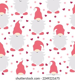 Patrón sin foco con gnomos. Diseño del día de San Valentín. Ilustración vectorial aislada en fondo blanco.