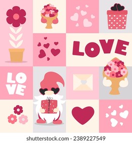 Seamless pattern with gnomes. Valentine's day design. Vector illustration isolated on square modern background.