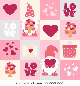 Seamless pattern with gnomes. Valentine's day design. Vector illustration isolated on square modern background.
