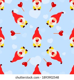 Seamless pattern with gnomes,candy cane, heart. Valentines day background. Love concept. For wallpaper, gift box, scrapbooking, clothes fabric textile Vector cute backdrop