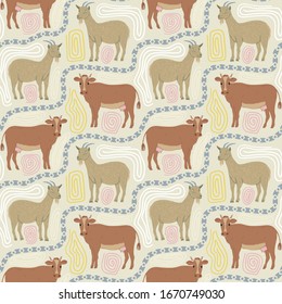 Seamless pattern of goat and cow with ethnic ornament elements. Repeatable textile vector print, wallpaper design.