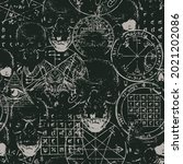 seamless pattern with goat head, human skulls, esoteric and occult symbols on an old paper backdrop. Hand-drawn vector background on theme of satanism, black magic, occultism in grunge style
